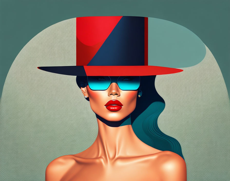 Stylized woman with red lips in large hat and sunglasses on green background