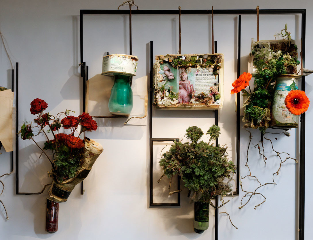 Eclectic wall-mounted shelves with potted plants, flowers, and decorative frames