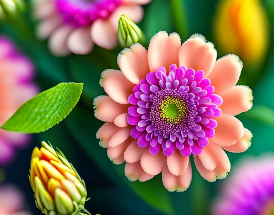 Close-up of Pink Dahlia with Yellow Center and Green Leaves