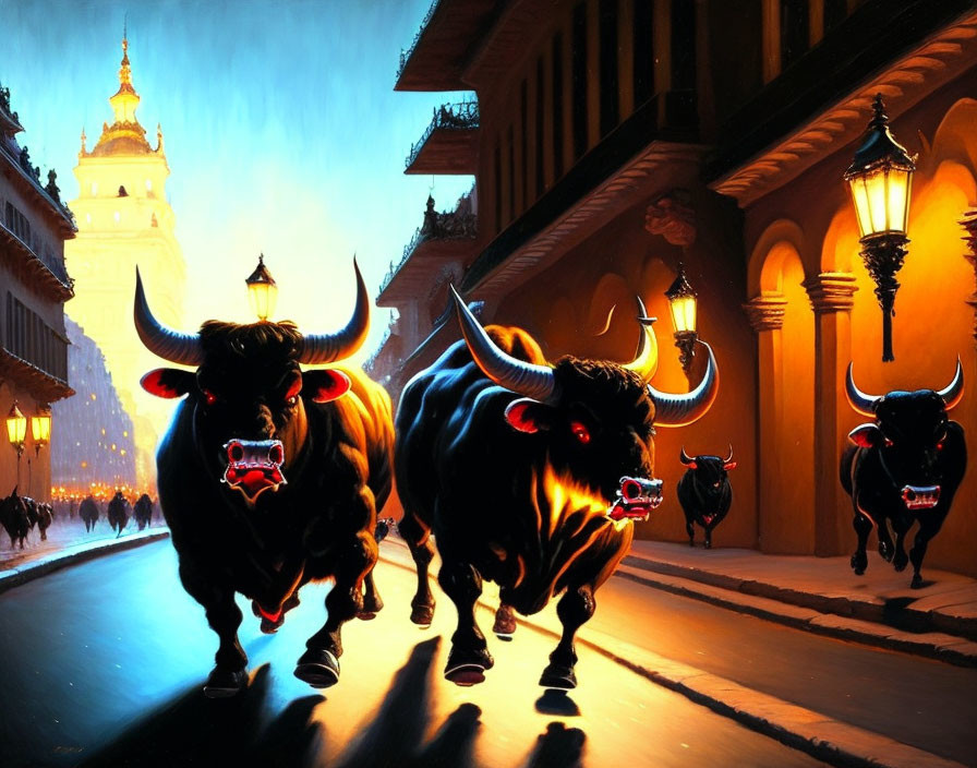 Enraged bulls charging down ornate street with classical buildings