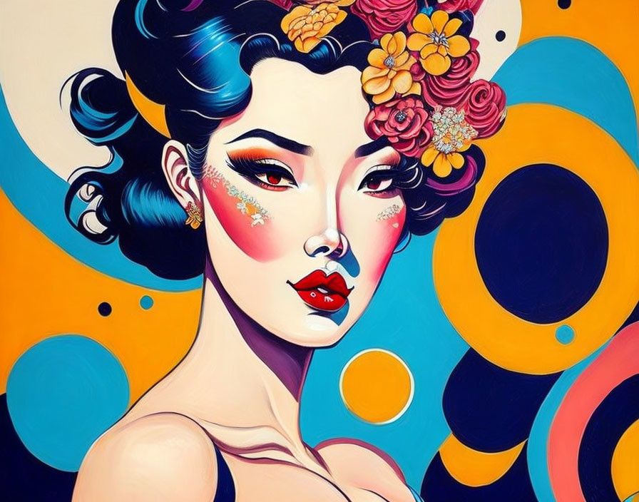 Vibrant pop art painting of woman with blue hair and floral accents