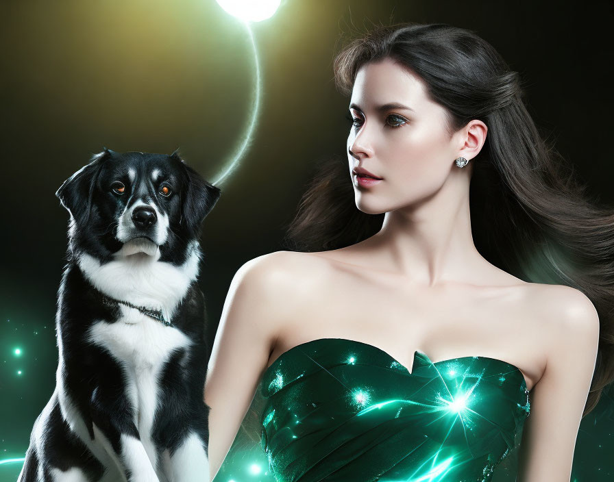 Woman in Sparkling Green Dress with Black and White Dog Under Crescent Moon