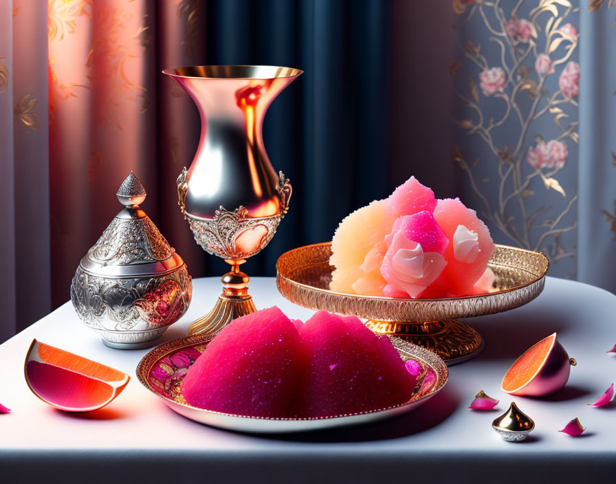 Sophisticated table setting with silver and copper dishes, Turkish delights, vase, against curtain backdrop