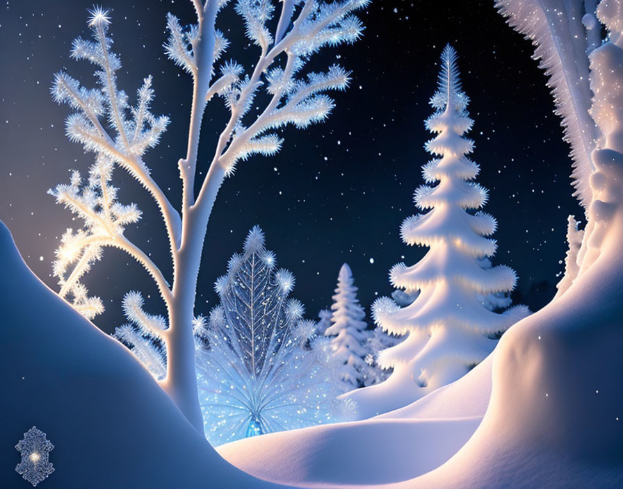 Snow-covered winter night: serene scene with starlit sky & soft blue glow