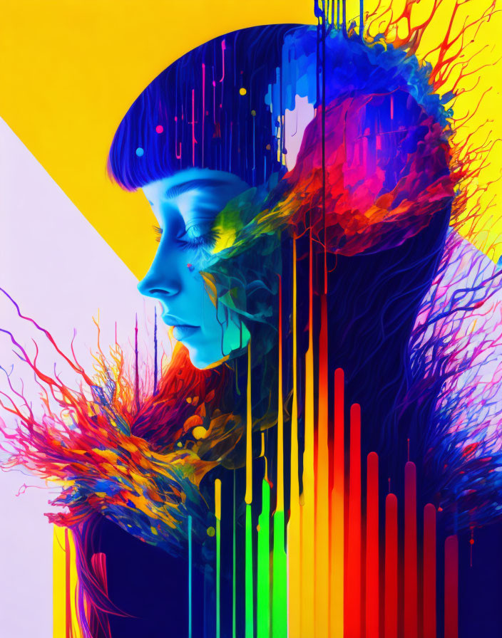 Colorful digital art: Woman profile with liquid streams