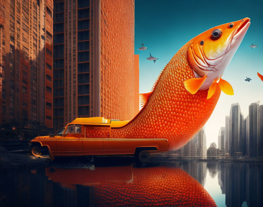 Surreal giant orange fish merges with classic car against urban skyline