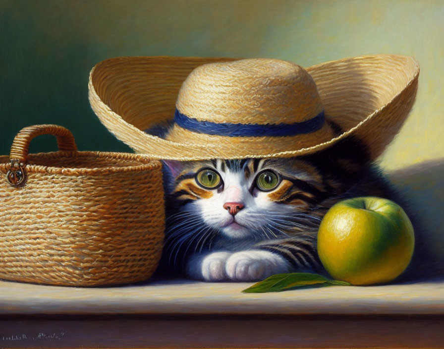 Cat with Green Eyes Peeking from Straw Hat Next to Apple & Wicker Basket