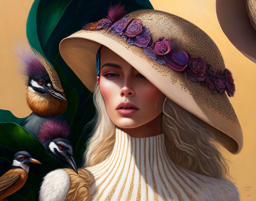 Portrait of Woman with Straw Hat and Purple Flowers, Birds, Green Foliage