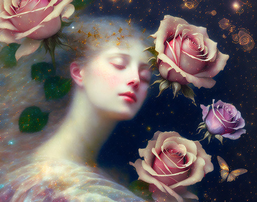 Portrait of a woman with closed eyes surrounded by roses, butterflies, and celestial elements