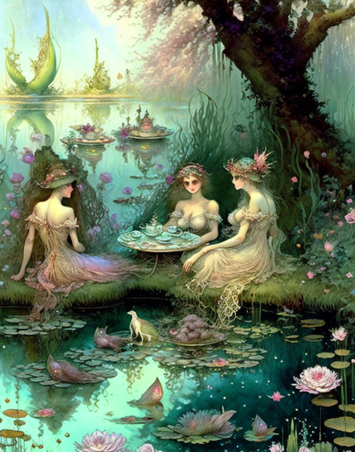 Ethereal figures in enchanting pond with lily pads and rich flora