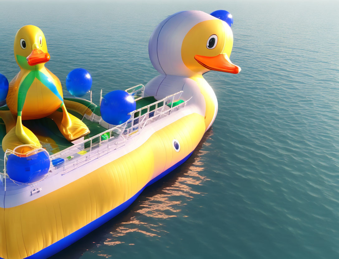 Giant rubber duck boat with smaller duck on deck in calm waters