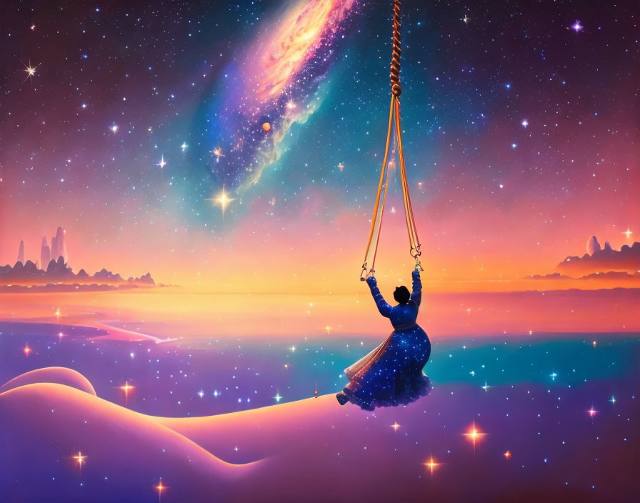 Silhouetted person swinging from celestial body over vibrant, starry landscape