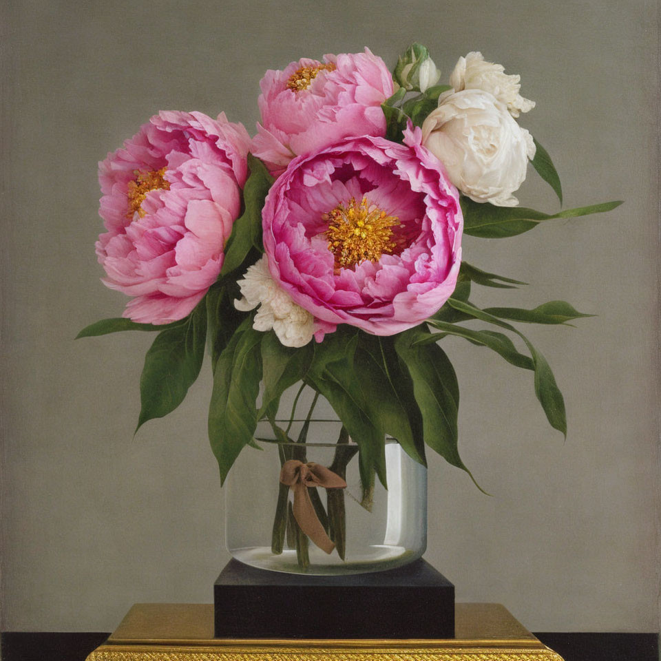 Pink and White Peonies in Glass Vase on Golden Ledge