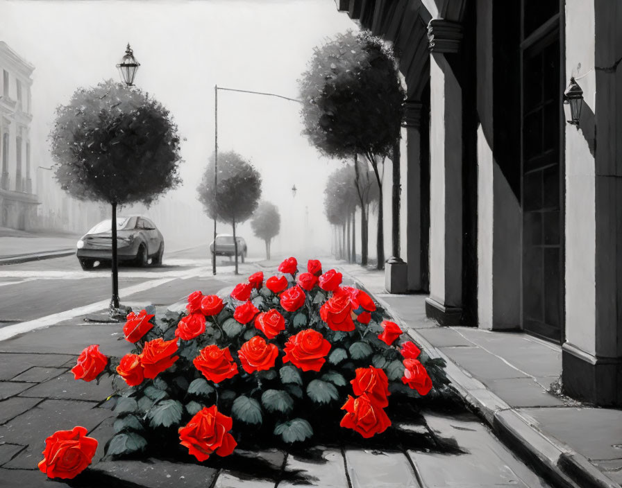 Selective color photo: Red roses in foreground, misty grayscale street scene with buildings, car, and