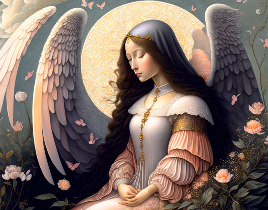 Angel with large wings and golden halo in serene garden with butterflies and flowers