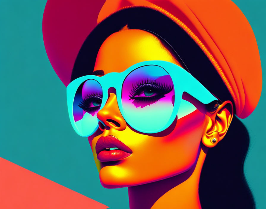 Colorful digital portrait of a woman in oversized glasses and beret on vibrant backdrop