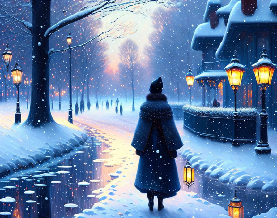 Person in coat with lantern walks snowy path past lamp posts and snow-covered buildings.