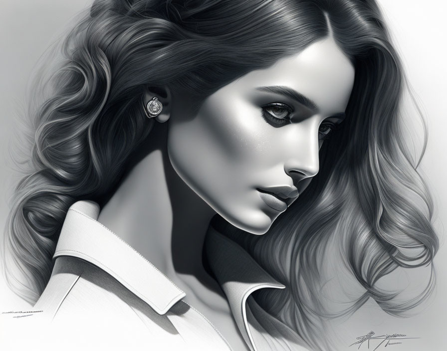 Detailed Monochromatic Portrait of Woman with Flowing Hair and Striking Eyes