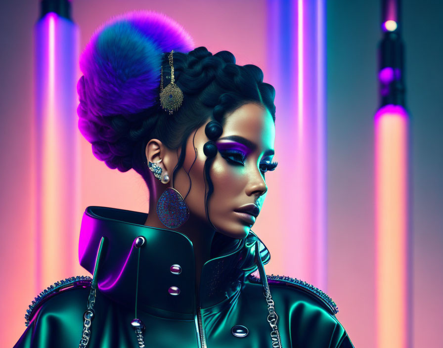 Elaborate hairstyle and bold makeup on futuristic woman in high-collared jacket