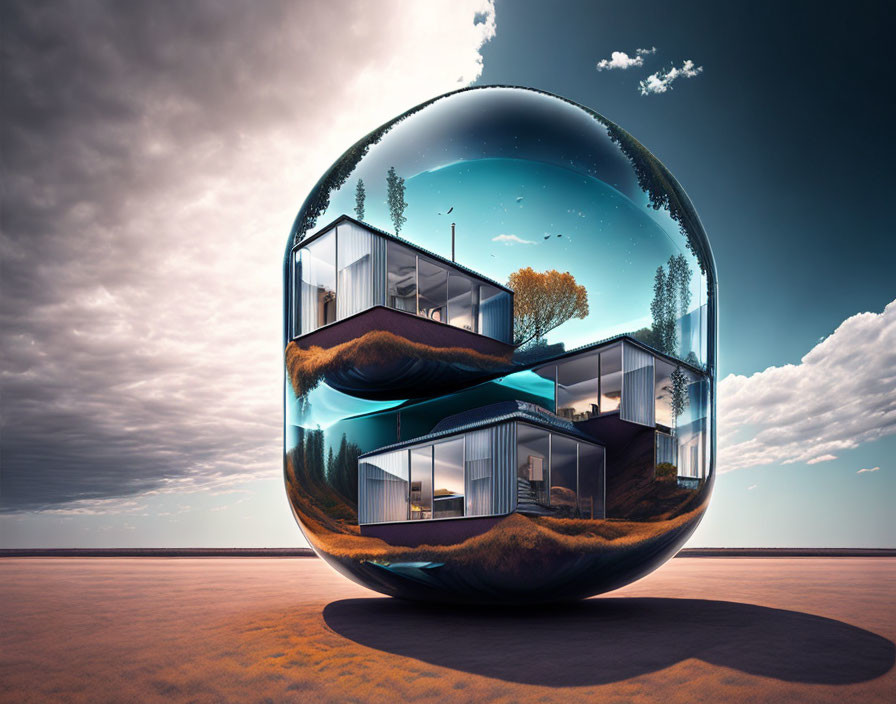 Transparent Sphere with Cross-Section of Modern House in Surreal Landscape