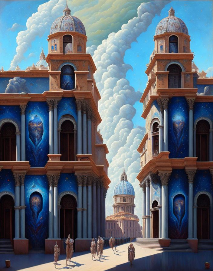 Surreal painting of classical building with cosmic murals and period attire observers