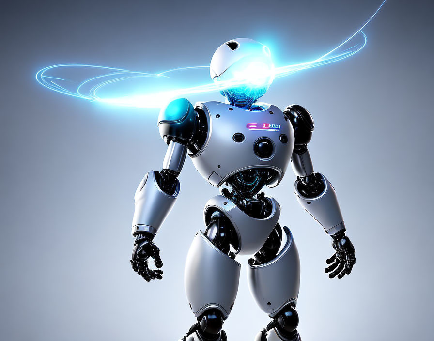 Futuristic white robot with glowing blue head and "CASIO" on torso against gray background