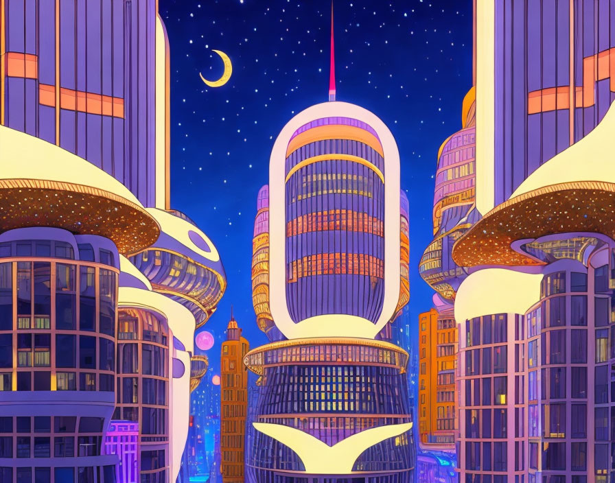 Vibrant futuristic cityscape at night with skyscrapers and crescent moon