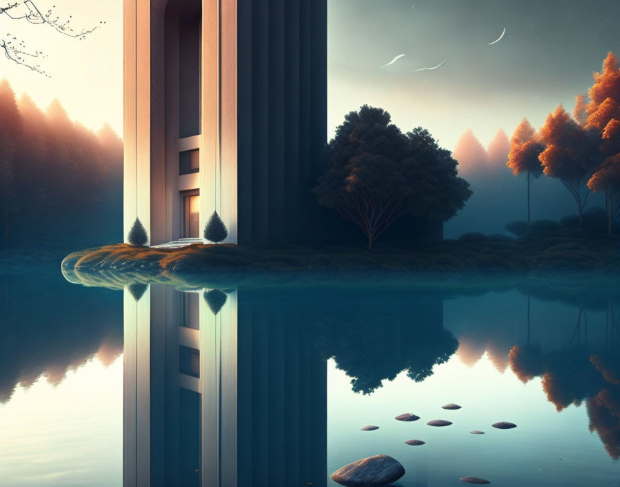 Surreal landscape with tall building on islet, mirrored in still water amid forest, dusk sky