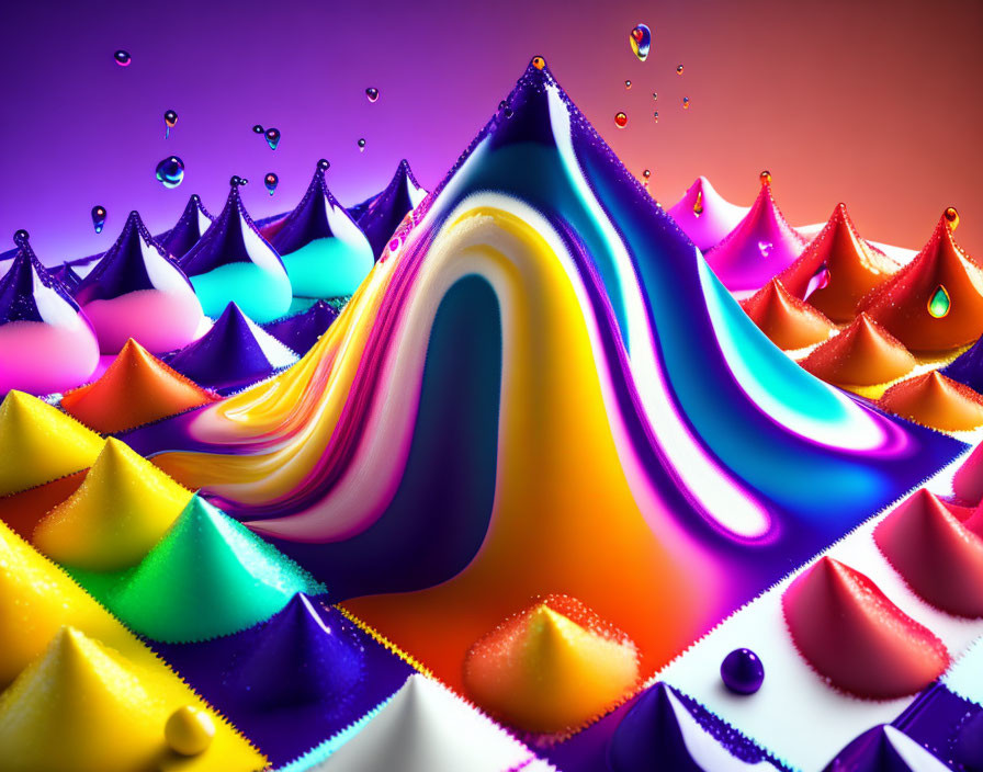 Surreal landscape with conical peaks in vibrant digital art