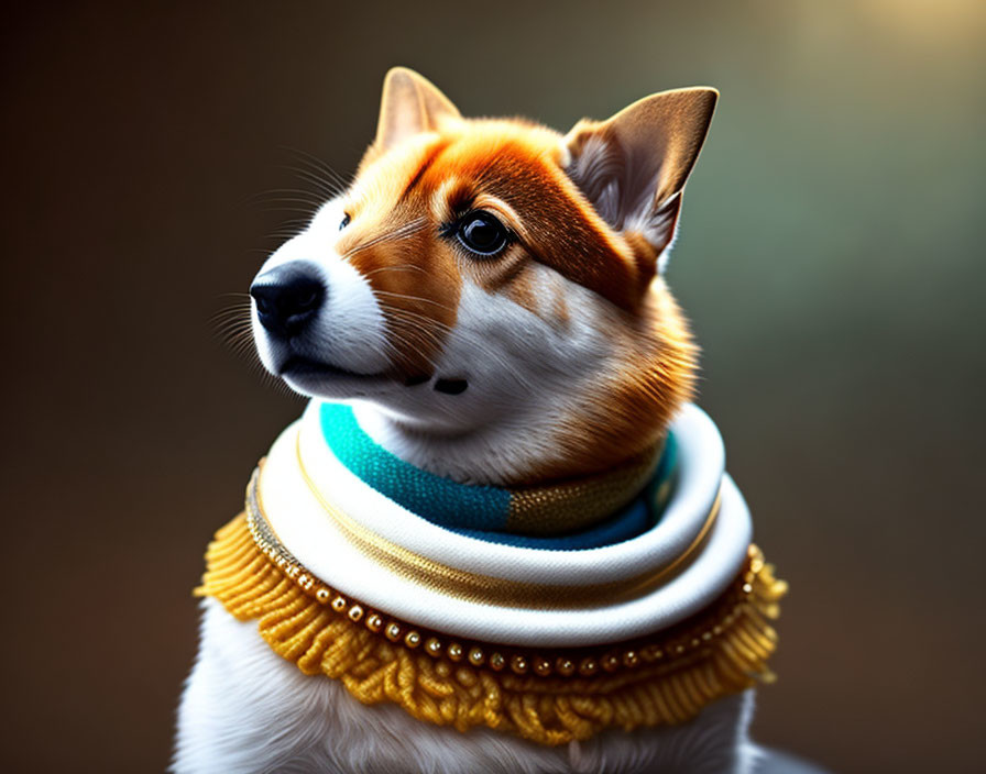 Stylish Corgi in Striped Scarf and Golden Necklace Poses Thoughtfully