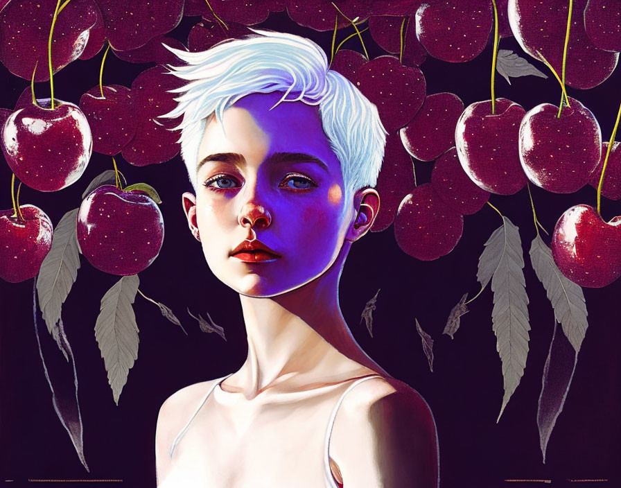 Portrait of a person with pixie haircut and blue eyes in a dark background with red cherries.