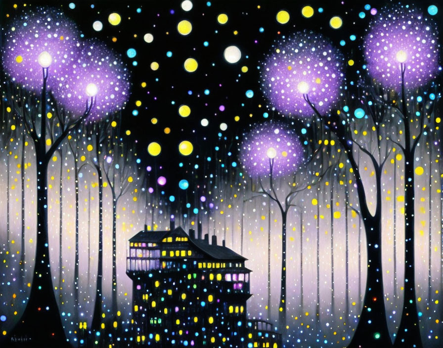 Whimsical painting of lone house in vibrant purple forest under starry sky