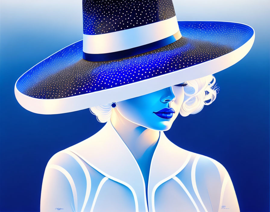 Blue-skinned woman with platinum blonde hair in star-patterned hat & white outfit