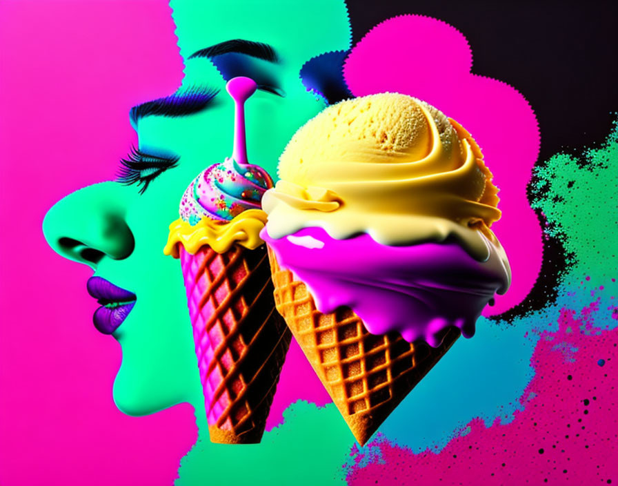 Colorful Graphic: Stylized Faces with Waffle Cone Ice Cream Bodies