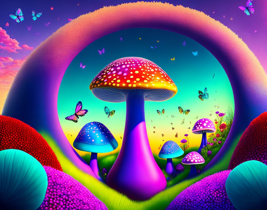 Vibrant fantasy landscape with oversized mushrooms and butterflies under a violet sky.