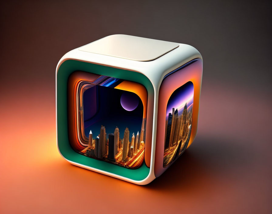 Surreal cityscape in 3D cube with loop effect & gradient backdrop