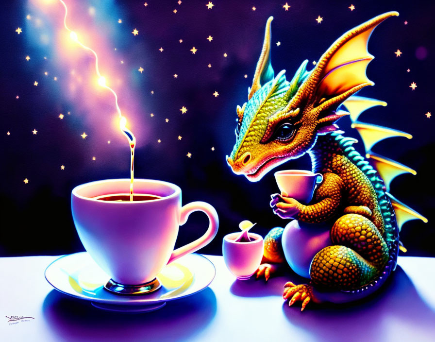 Green dragon with cup next to coffee under starry sky