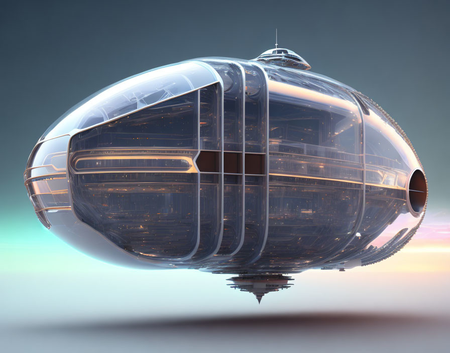 Sleek metallic spaceship with transparent panels on gradient background