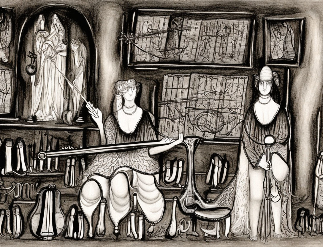 Monochrome drawing of two figures in room with bottles, books, harp