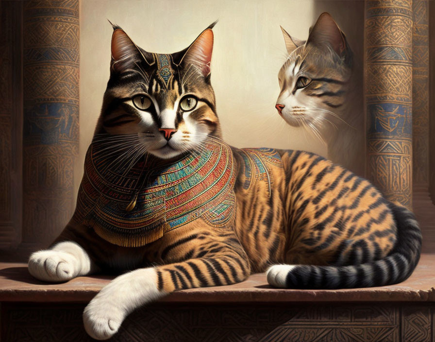 Ancient Egyptian-themed artwork featuring two cats in pharaoh attire