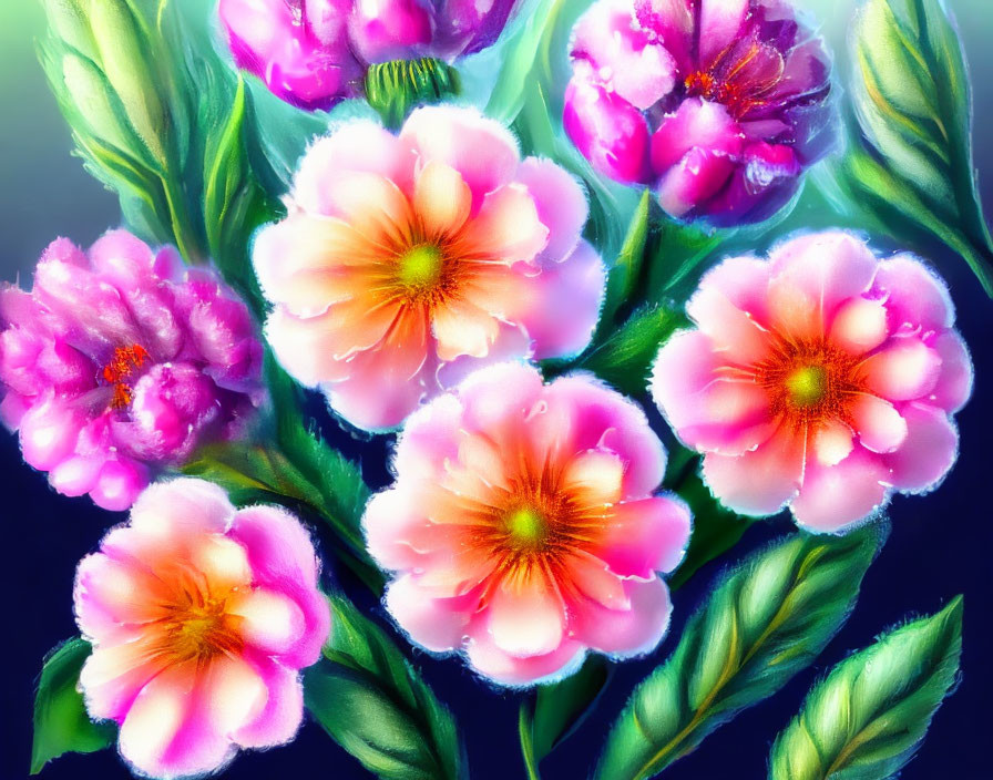 Colorful digital painting of vibrant pink and peach flowers with green leaves and brush strokes.