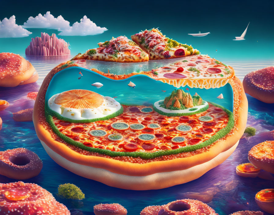 Pizza-themed landscape with islands and mountains on ocean under blue sky