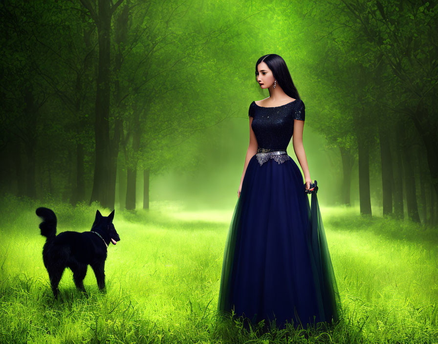 Woman in elegant dress with black dog in lush green forest