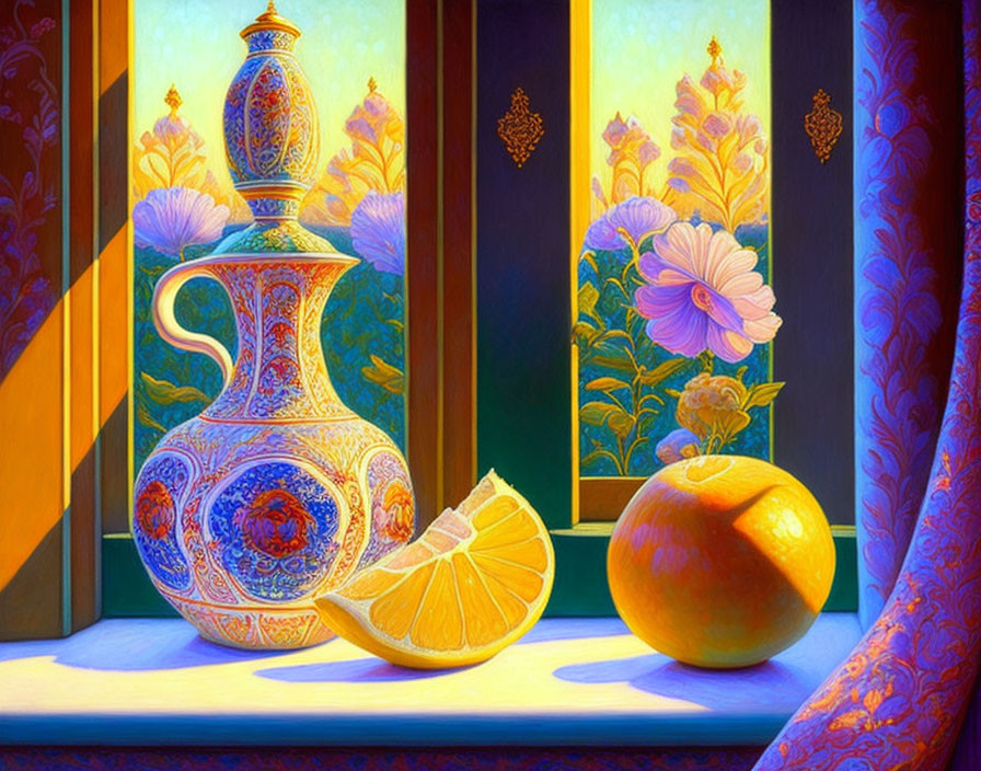 Colorful Still Life with Jug, Oranges, Fabrics, and Stained Glass