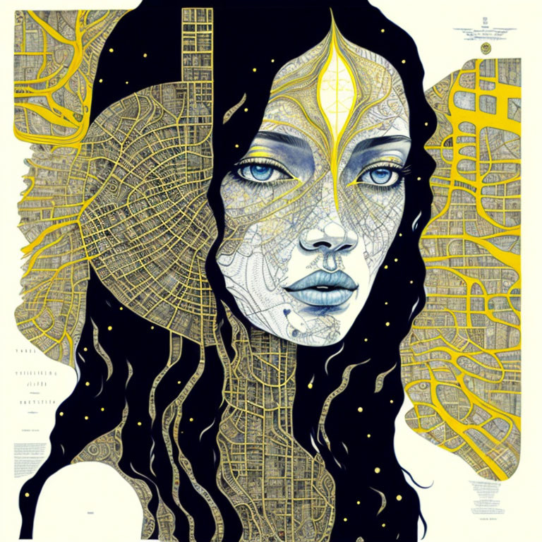 Female figure with city map overlay, blue eyes, flowing hair, golden streets.