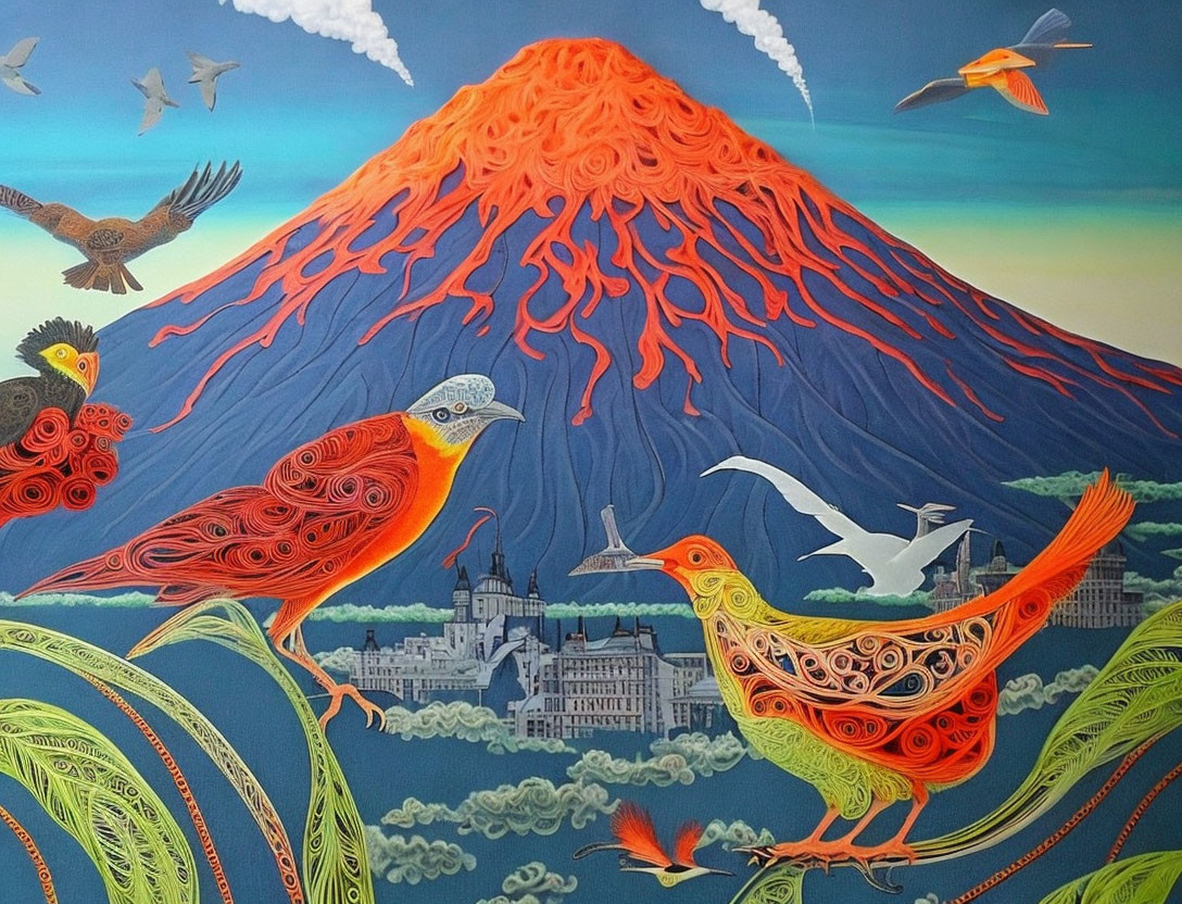 Colorful volcanic eruption with patterned birds, castle, and clouds.