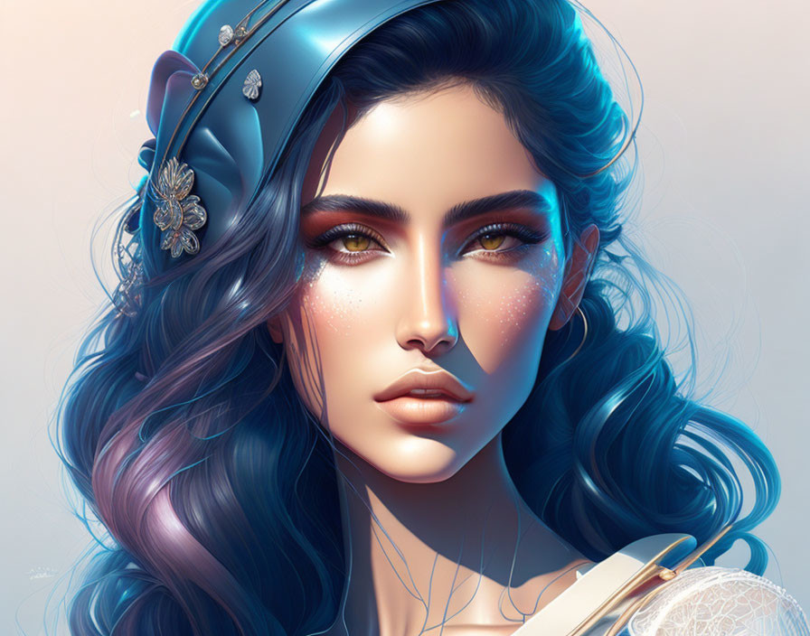 Digital art portrait: Woman with blue-purple hair, sparkling makeup, blue headband & jewel.