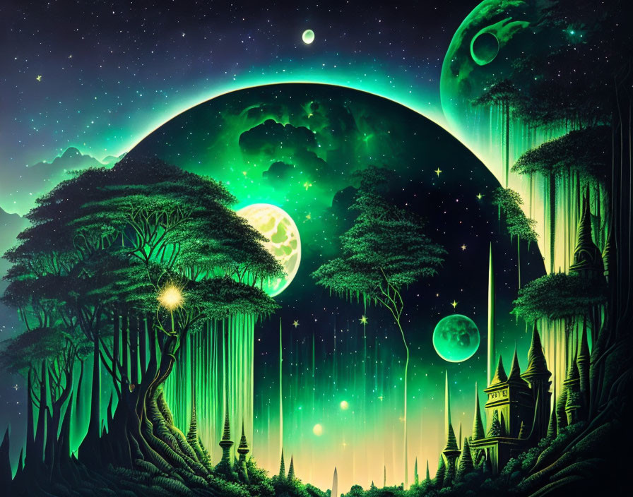 Fantasy landscape: Night forest, tall trees, starry sky, moons, floating islands