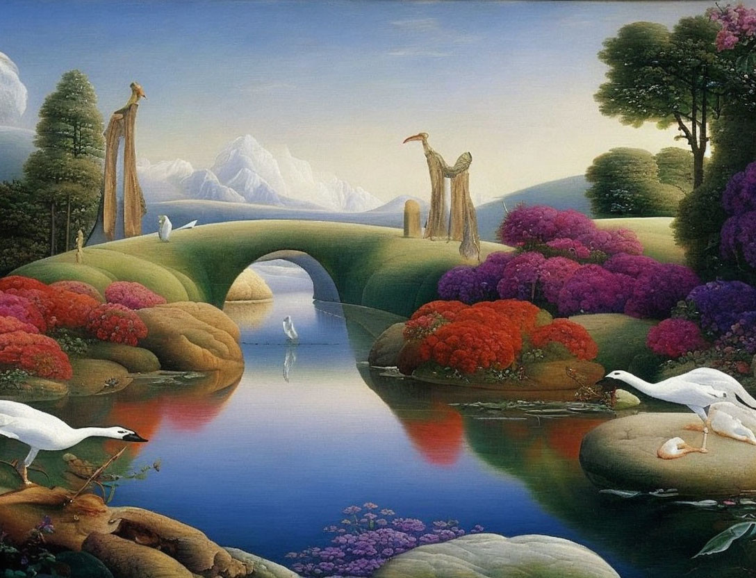 Colorful landscape with bridge, river, swans, and mountains