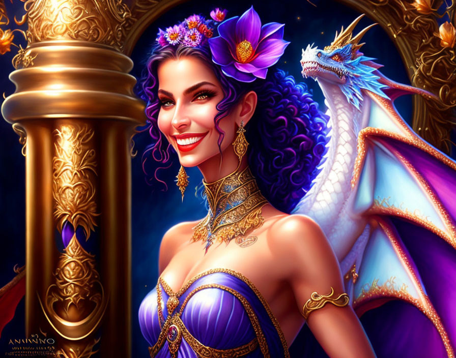 Regal woman in purple dress with golden jewelry beside blue dragon